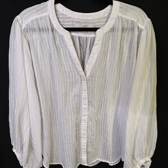 LOFT Sheer Striped Blouse White layered workplace Preppy - Picture 1 of 4